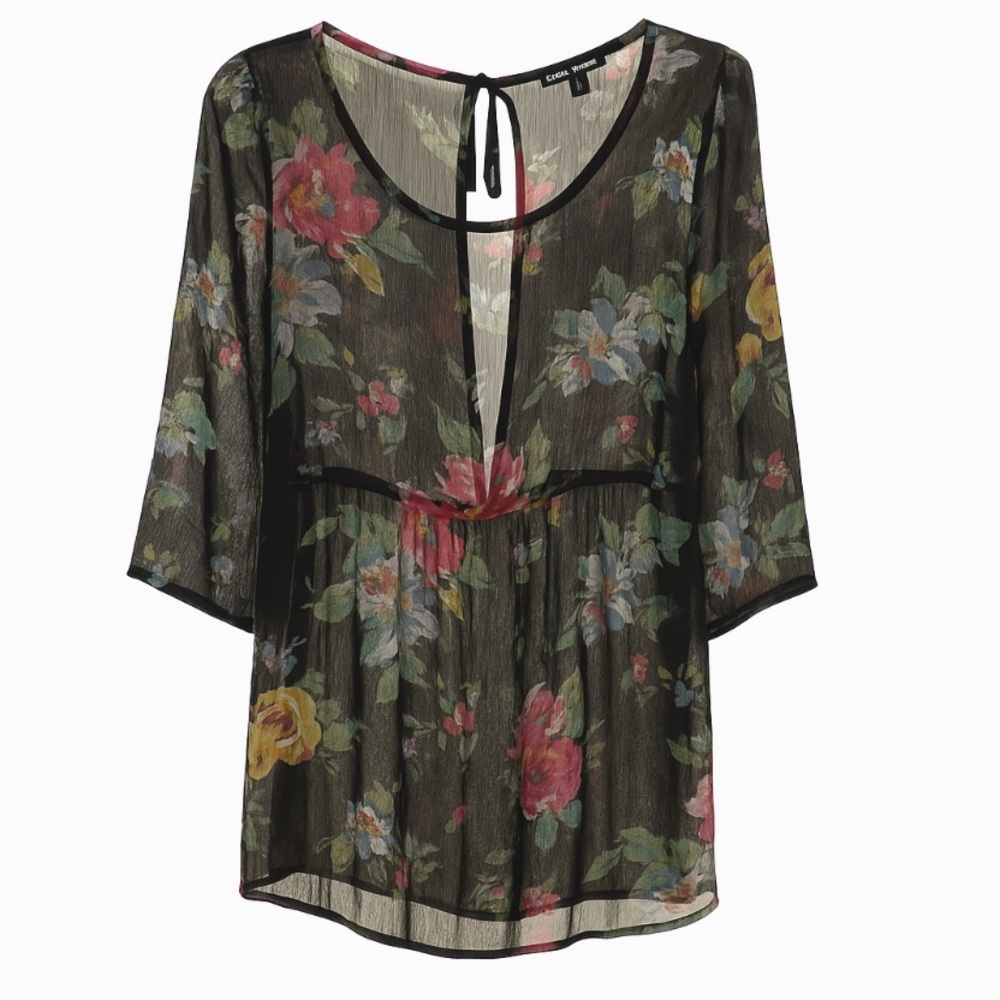About A Girl Black Floral Sheer Blouse Size M Boho Peplum Tie Back 3/4 Sleeve - Picture 3 of 10